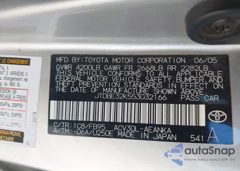 2005 Toyota Camry Le from USA, damaged, VIN JTDBE32K553032166